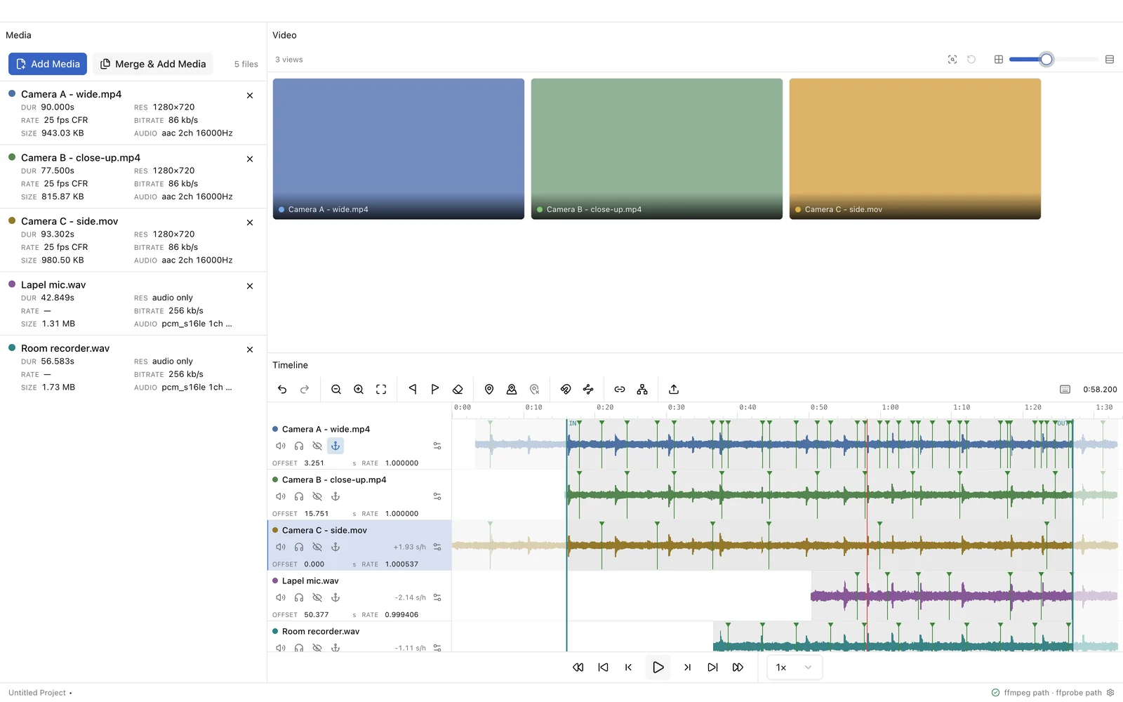 The app with three camera angles in the video pane and five aligned recordings on the timeline