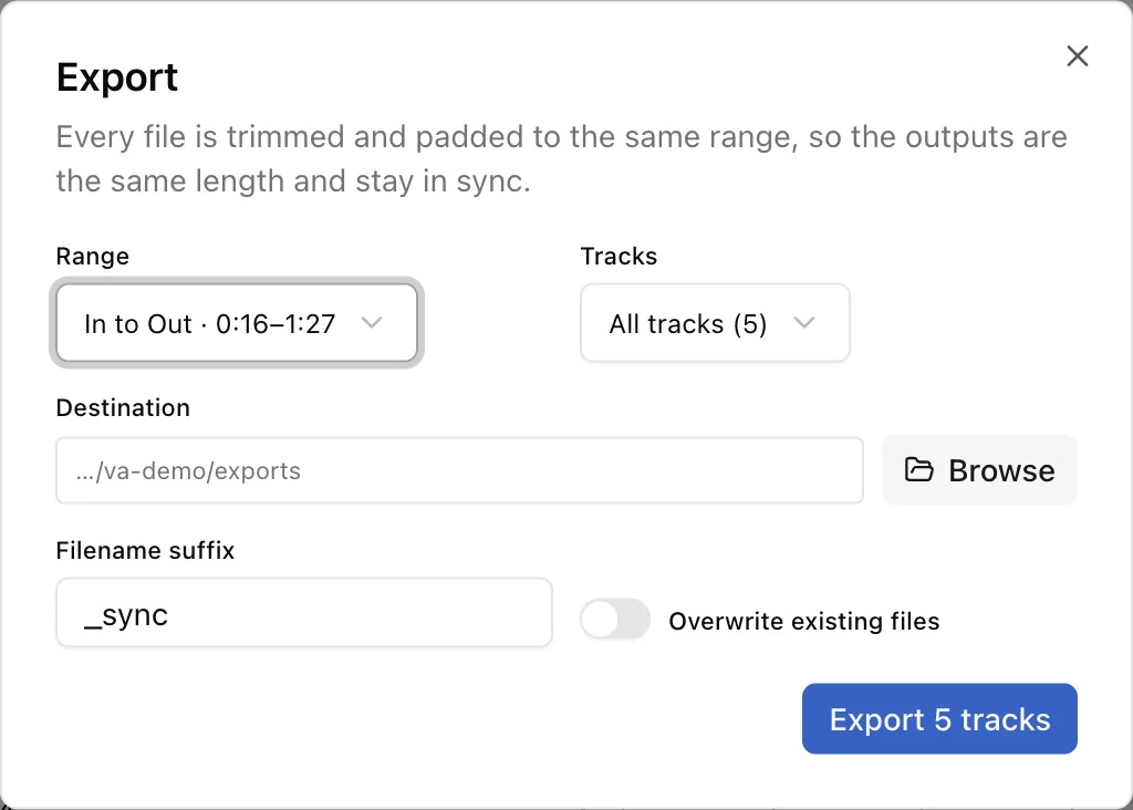 The Export window with range, tracks, destination and filename suffix