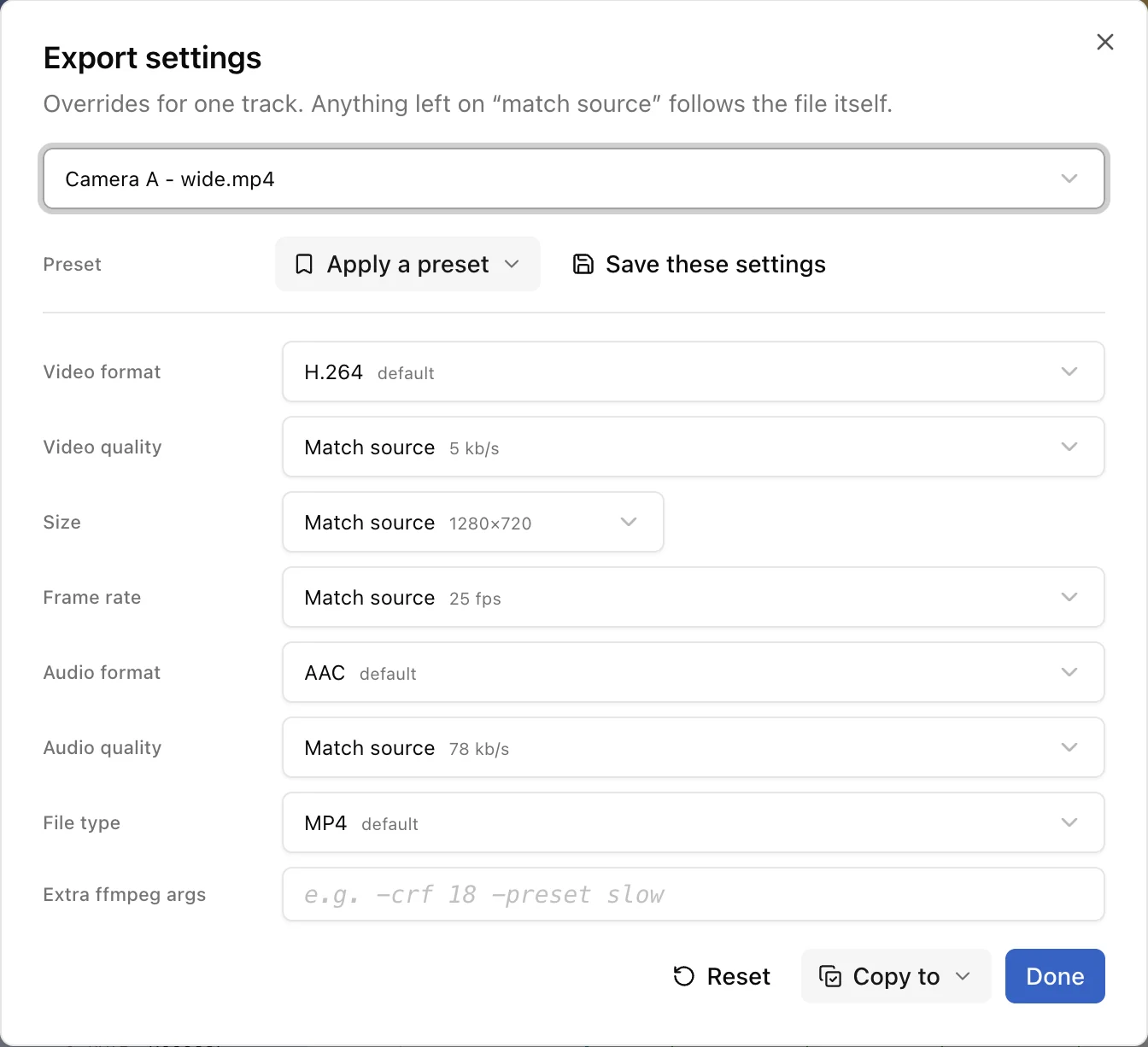 The Export settings window for one track