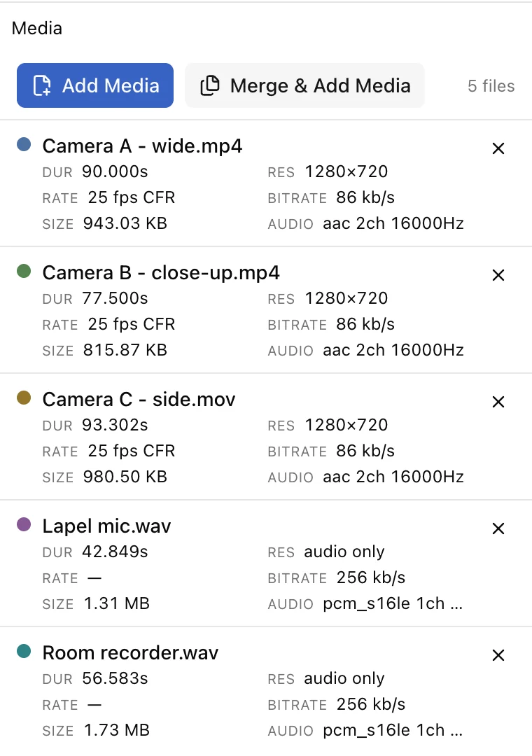 The Media list showing five recordings with their details