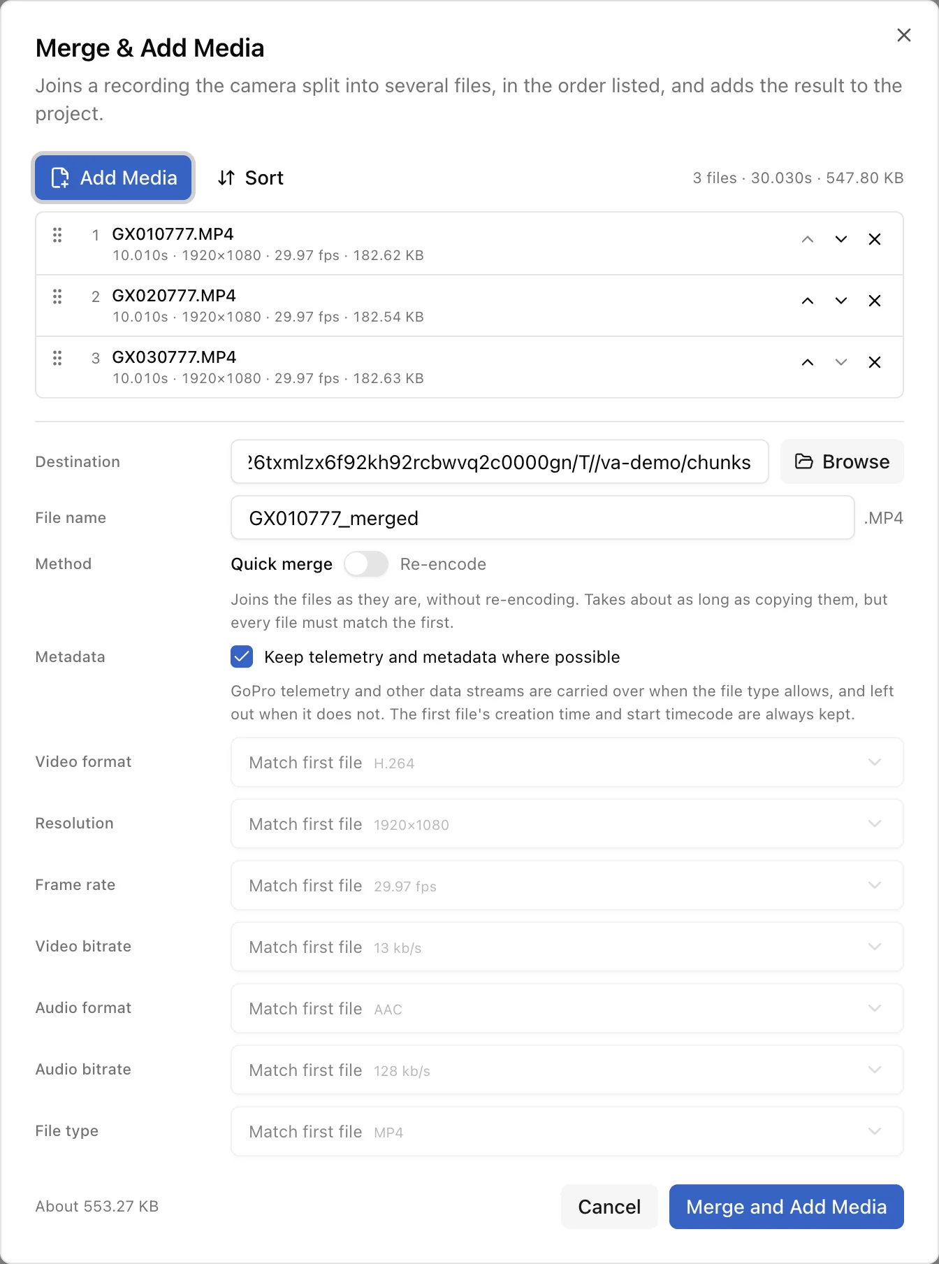 The Merge and Add Media window with three GoPro chapter files listed