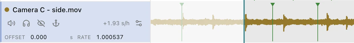 A track header with mute, solo, disable and reference buttons, drift reading, offset and rate fields