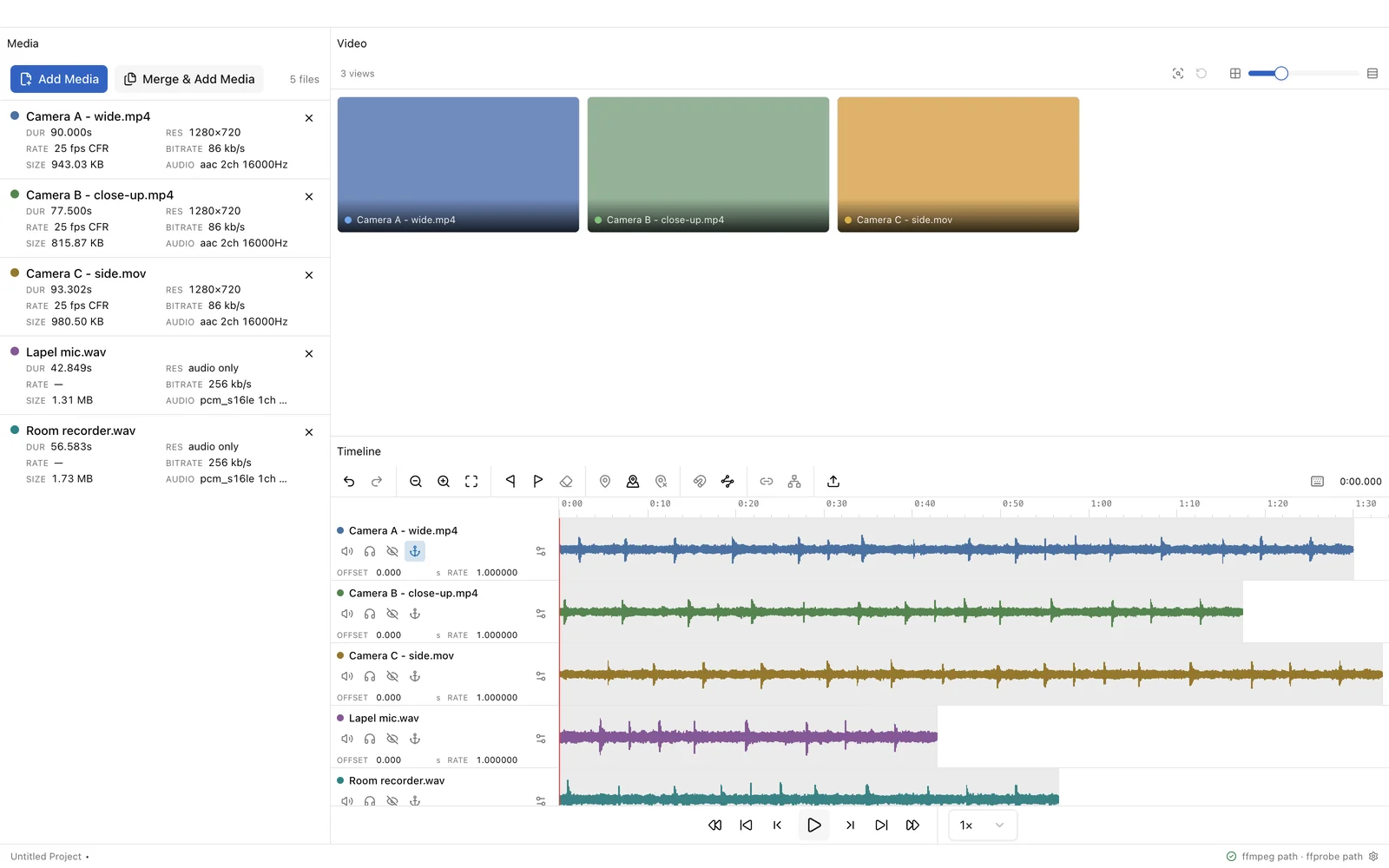 Five recordings added but not yet aligned, all starting at zero on the timeline