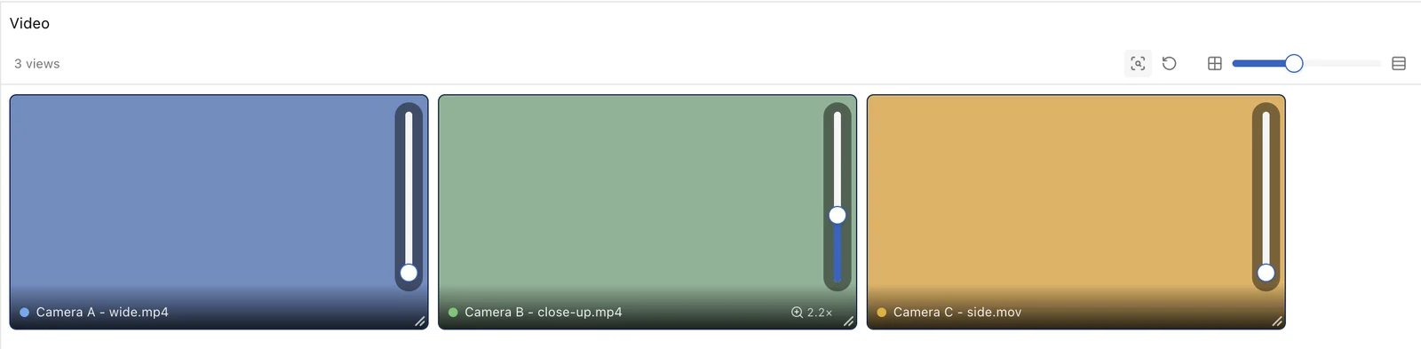 Three video tiles with the adjust controls showing, one zoomed to 2.2 times